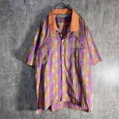 レトロ総柄シャツ L マルチカラー 刺繍ロゴ コットン 半袖 古着