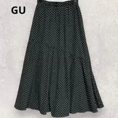 GU ジーユー ドット柄 ロングスカート 黒 M フレア ウエストゴム