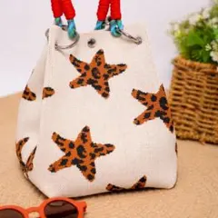 トートバッグ　ニットバッグ　レオパード　ヒョウ柄　星　オレンジ　茶　ハンドル　緑