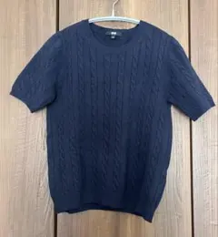 UNIQLO ケーブルニット 半袖 ネイビー Lのサムネイル
