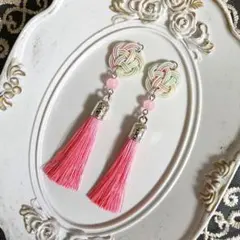 No.6253 水引 ピアス タッセル 濃桃 耳飾り 和装 成人式 全長約9cm