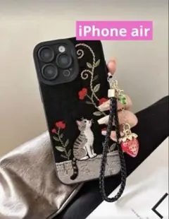 新品！ 猫と花刺繍イラストのiPhoneairケース ストラップ付き