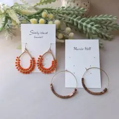 フープピアス　ビーズ　やや大きめサイズ　オレンジ　アンティークゴールド