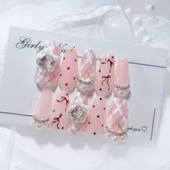 Ｎｏ．現品 ネイルチップハンドメイド ピンクチェックドットハート韓国リボンパール
