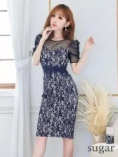 ヴァネッサハート ドットレース パフスリーブ 袖あり ミディアム キャバ ドレス