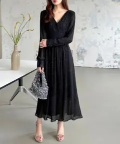 ラメ入りカシュクールパーティードレス　結婚式お呼ばれドレス　黒　ブラック　長袖