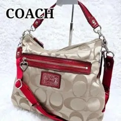 COACH ポピー 2way ショルダーバッグ シグネチャー 赤 チャーム付