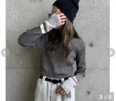 しまむら aya 配色ニットプルオーバー M グレー リブニット