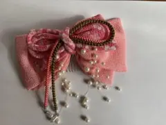 ピンク リボン型 髪飾り パール付き