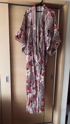 ストライプ花柄浴衣と紫帯セット