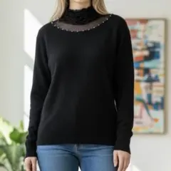 美品 FT.コレクション ニット M 黒 フリルネック ビジュー装飾 長袖 上品
