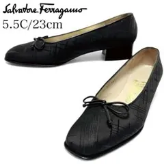 極美品✨フェラガモ 5.5C 約23cm パンプス 太ヒールリボン サテン 黒