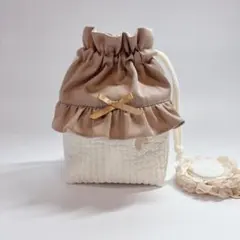 コップ袋　巾着袋　マチ付き　裏地付き　ハート　刺繍生地　ヌビ　キルト