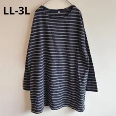 6351【美品】ボーダー柄カットソー長袖　LL-3L大きいサイズ　チュニック丈のサムネイル