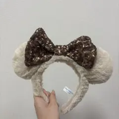 耳付きヘアバンド セquinリボン付き ベージュ