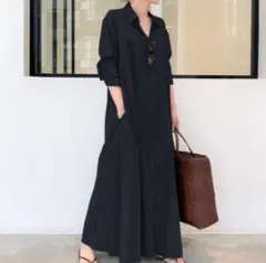 （新品）シャツワンピース　ロングワンピース　マキシレディース　黒L