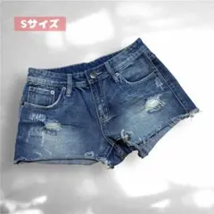 ダメージデニム　ショートパンツ　レディース　ブルー　S