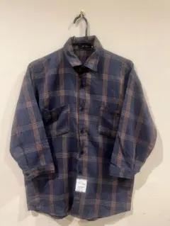 【古着】ネイビーオレンジチェック柄長袖シャツ