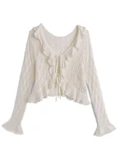 GRL フリルリボン透かし編みニットカーディガン pa072