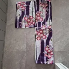 紫色ストライプ花柄浴衣単品
