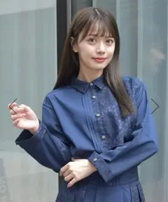 セットアップaxes femmeジャカード切替プリーツシャツ切替&タックスカート