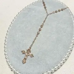 ロココ調クロスハートビーズビジュー十字架ロザリオY字ネックレス ゴールドカラー