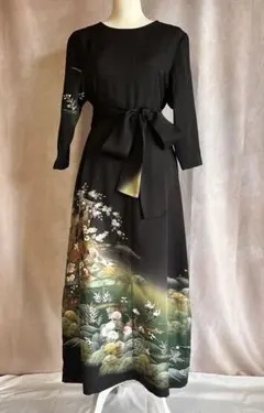 着物リメイク　黒留袖　ロングワンピース　　作家物　グリーン