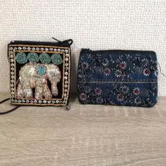 【新品未使用】タイ土産　刺繍ポーチ 2点セット ゾウ柄 ビーズ 花柄 小物入れ