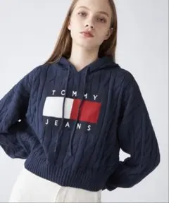 tommy jeans ケーブルニットパーカー ネイビー