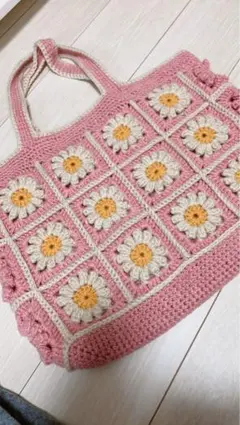 花モチーフのピンクトートバッグ かぎ針編み