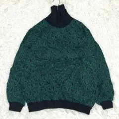 モヘア混 ニットセーター ハイネック 緑×黒 総柄 ペイズリー 薄手w29