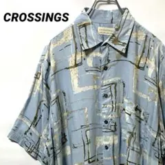 T-611 CROSSINGS 総柄 半袖シャツ 幾何学 XL 水色 USA古着