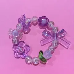 ハンドメイド ビーズブレスレット パープル リボン チューリップ お花 子供用