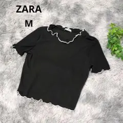 ザラ ZARA フリル付きブラック半袖ニット 【M】 レディース 白の縁取り