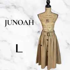 【JUNOAH】トレンチコート風フレアフカート　ウエストゴム　さらさら　ベージュ