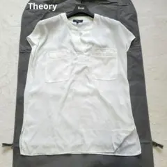 Theory セオリー ストライプ キーネック フレンチスリーブ ブラウス 