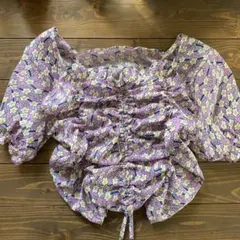 お花柄 パープル フラワー シャーリング クロップドブラウス