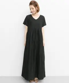 O988アーバンリサーチロングワンピース半袖ブラック黒無地コットン綿Vネック春夏