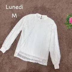 LUNEDI M 白 ペイズリーレースシャツ　大人可愛い OL コットン