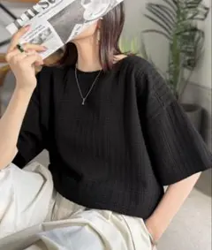 軽やかぽこぽこフクレジャガードトップス　S ブラックのサムネイル