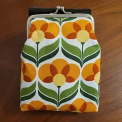 がま口ポーチ　昭和レトロ　70年代オレンジ花柄　オックス生地　ハンドメイド購入品