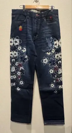サンマルイチ 参丸一　和柄　デニム　カエル刺繍&プリント　30インチ