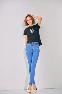 【試着のみ】ハイウエスト 美脚 美尻 ダメージスキニー S 定価¥14,900のサムネイル