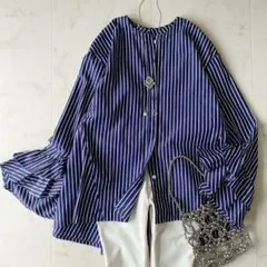近年.美品☆イエナ フリルスリーブシャツ ストライプ ゆったり フレア 紺×白