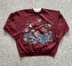 [希少] 90s vintage スウェット　和物　アニマル　ワインレッド