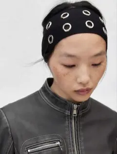 リング付き黒ストレッチヘアバンドのサムネイル