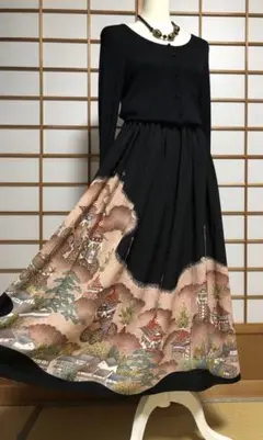 021412着物リメイク黒留袖　ロングスカート