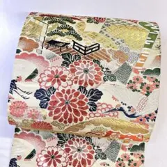 名古屋帯　アンティーク　唐織　鶴　松竹梅　菊花　七宝　　金糸　着物　021tz