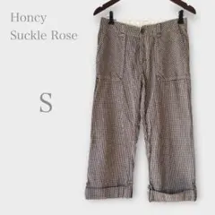 ギンガムチェックパンツ　クロップド丈　7分丈　リネン麻混　ブラック　S 春夏