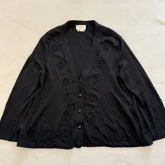ケイトスペード　花柄カットワーク刺繍ニットカーディガン　シルク　カシミヤ　黒　Sのサムネイル